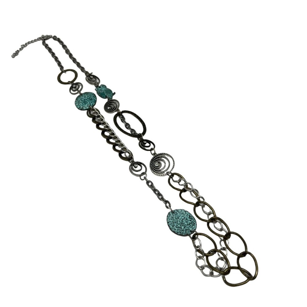 Boho Mixed Metal Necklace Silver Gold Green Tone Asymmetrical Owl Pendant‎
